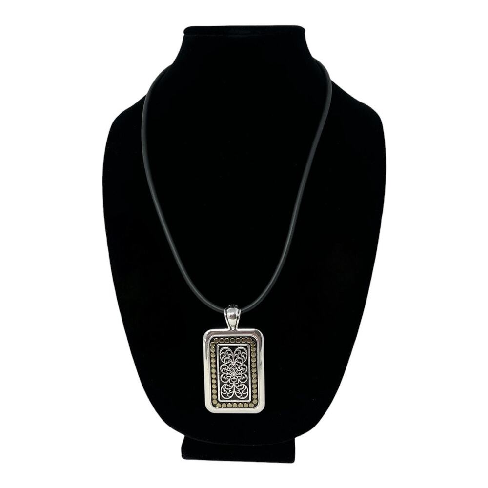 NWOT Silver & Gold Scrollwork Statement Pendant Necklace Black Enamel
